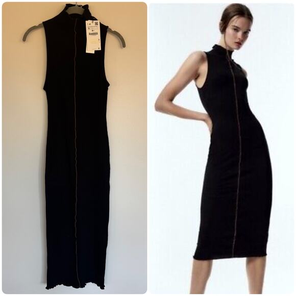 Zara Sleeveless, Ribbed, Front Seam Halter Neck Midi Dress in Black - Picture 1 of 7